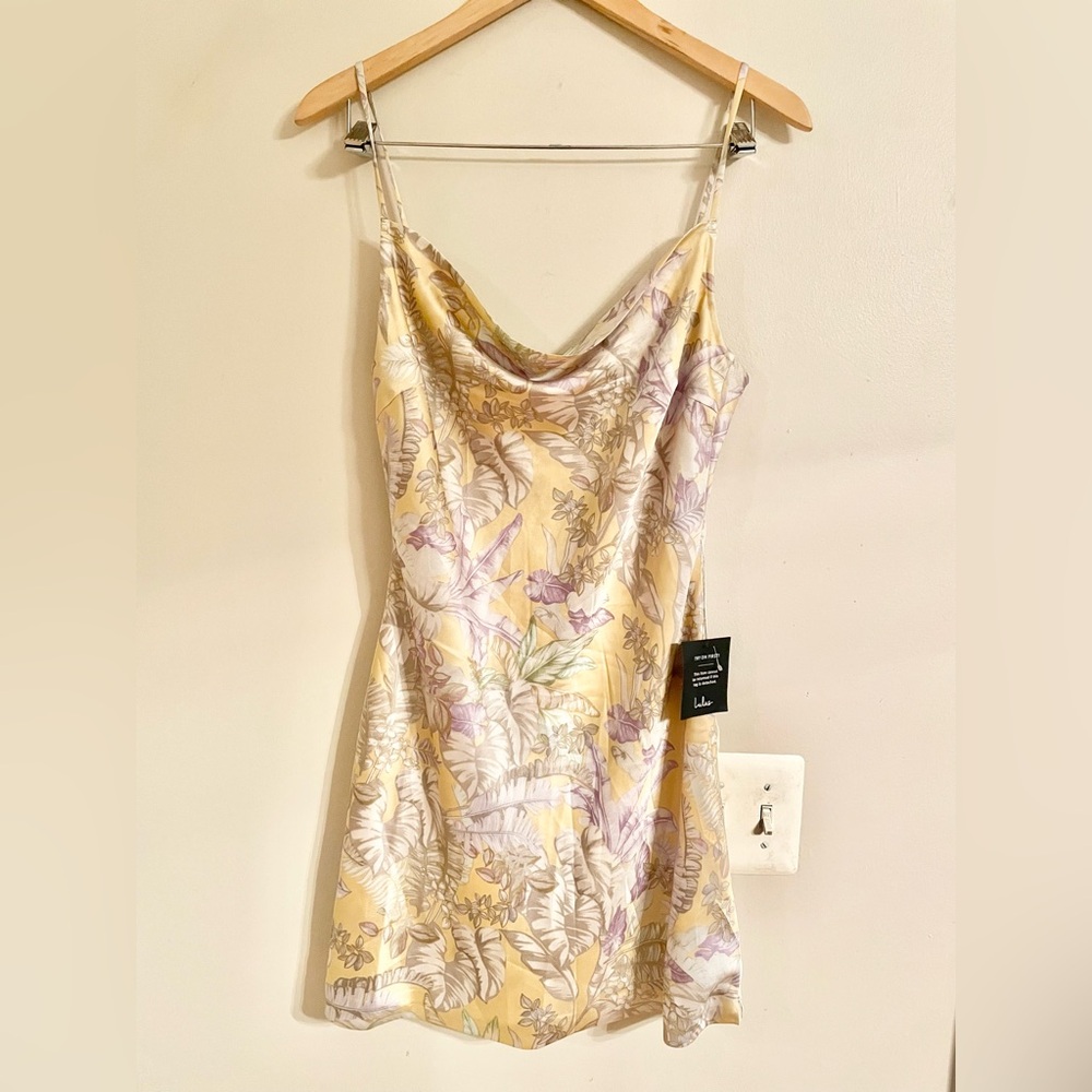 NWT- Lulus Sultry Summers Yellow Tropical Print Satin Cowl Neck Slip Dress